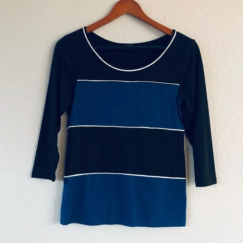Ann Taylor Black Blue Color Block Striped 3/4 Sleeve Top XS